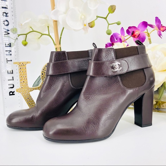 Chanel CC Turn Lock Brown Ankle Boots Booties - Picture 2 of 8